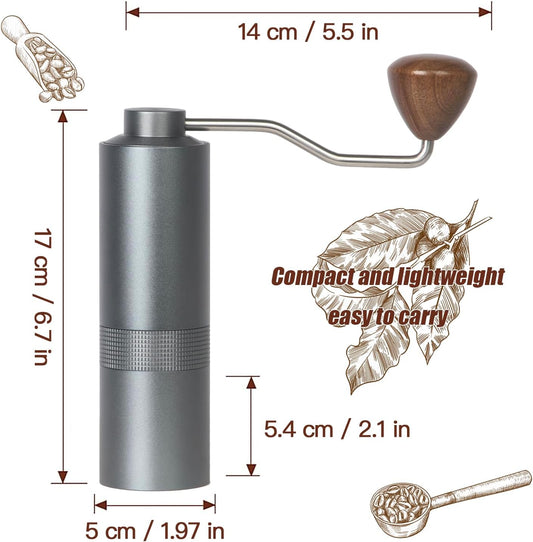 Manual Coffee Grinder - Precision CNC Stainless Steel Burr Grinder with Adjustable Settings, Grey Blue, Double Bearings for Smooth Grinding - Ideal for Home, Office, and Camping Espresso Enthusiasts