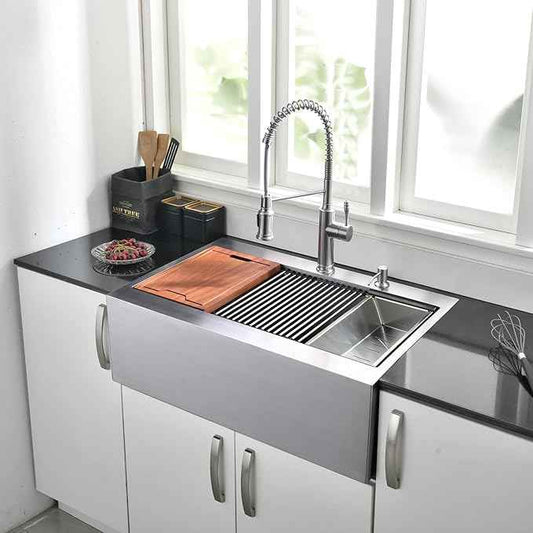 33 Inch Farmhouse Drop In Kitchen Sink Workstation - 33X22 inch Apron Front Kitchen Sink Workstation Single Bowl 16 Gauge Stainless Steel Farm Sink
