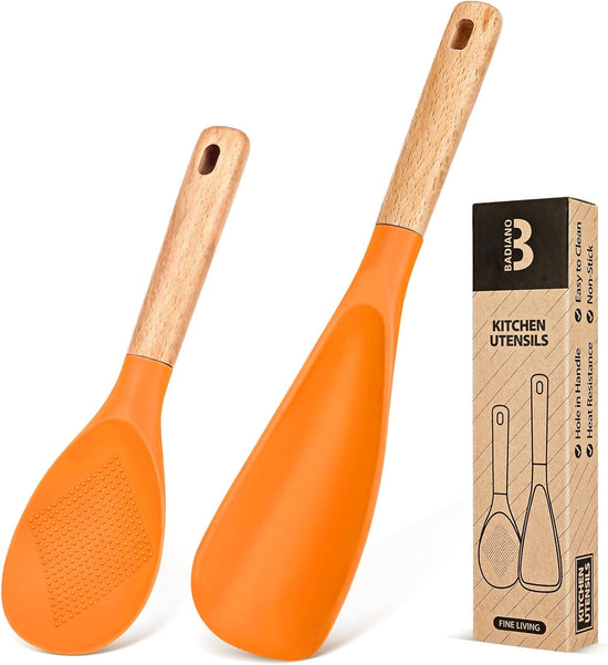 Cooking Spoon and Rice Scooper for Nonstick Cookwares, Great for Cooking and Serving Sturdy BPA-Free Matte Silicone, Wood Handle Spoon for Mixing, Scoop, and Scrape (ORANGE) - Nestoria