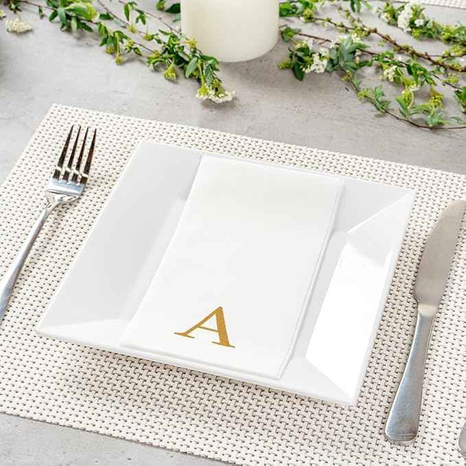 Luxenap 15.8 X 7.9 Inch Linen-Feel Guest Towels, 50 Lettered Hand Towels - Gold Letter 'A', Sans Serif Font, White Paper Dinner Napkins, airlaid, For Restrooms And Tables - Restaurantware