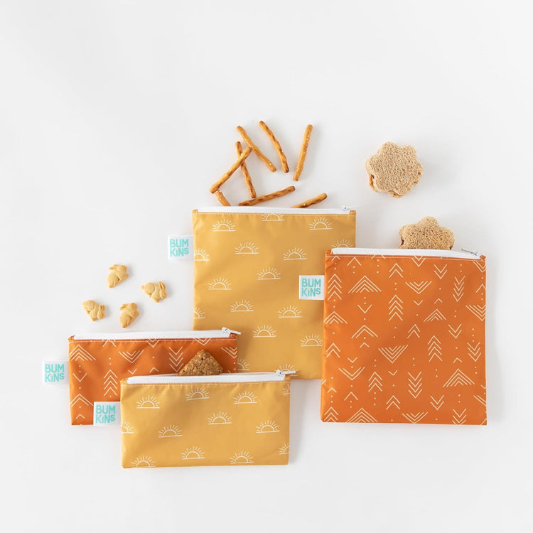 Bumkins - Cloth Snack & Sandwich Bags - For Storage, Travel, Food Prep, Lunch - Reusable, Water Resistant, Washable, Dishwasher Safe - Snack Bags for Kids - Zipper Closure - Desert Boho - 4 Pack