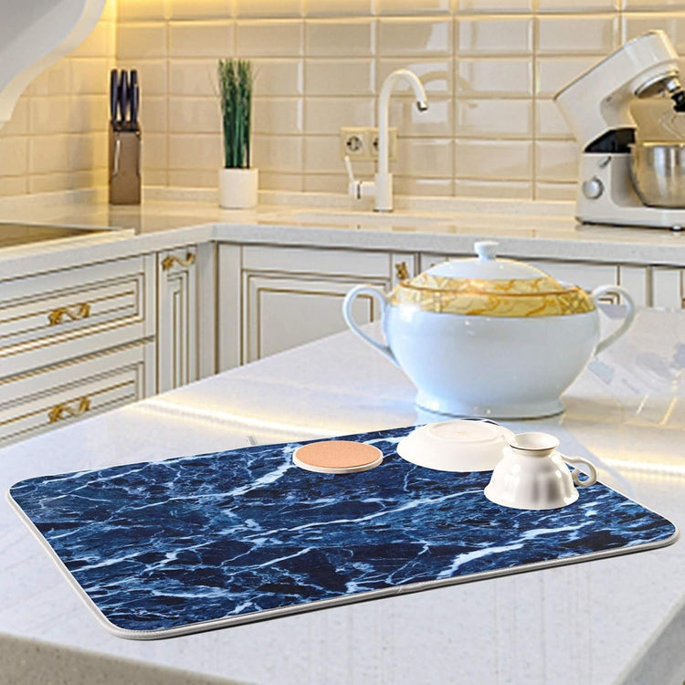 Super Absorbent Dish Drying Mat, Microfiber Fast-Drying Dish Mat, 24" x 18, Kitchen Dish Drying Pad, Navy Blue Marble…