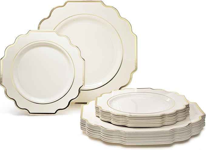 OCCASIONS 960 Piece Disposable Dinnerware Set for 120 Guests – Heavy Duty Plastic Plates, Gold Cutlery, Cups, Napkins – Elegant Party Plates for Wedding, Banquet, Events – Imperial Ivory & Gold