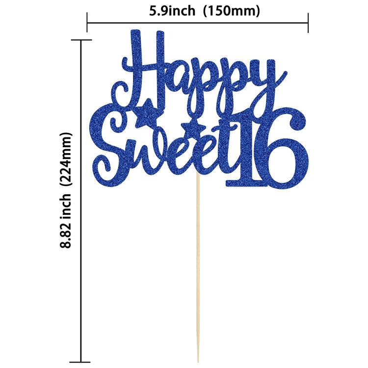 1Pc Happy Sweet 16 Cake Topper Blue Glitter Sweet 16 Birthday Cake Decoration Happy 16th Birthday Decorations for Girls Boys Party Supplies