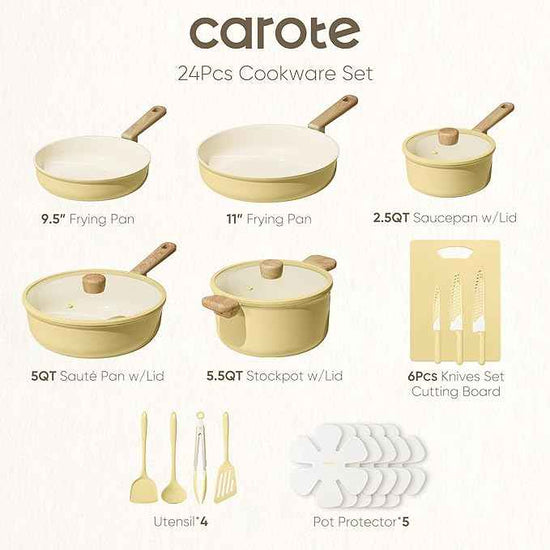 CAROTE 24pcs Ceramic Cookware Set, Pots and Pans Non Stick Kitchen Cookware Sets, Pots and Pans Set Cooking Set with Knife Set