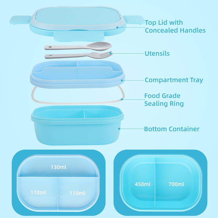 Bento Box Adult Lunch Box with Hidden-Handle, Leak-Proof Lunch Containers for Adults & kids, 2-Layer 5-Compartment 6 Cup with Utensils, Blue