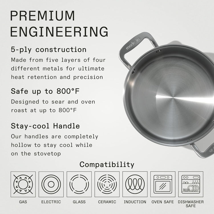 Made In Cookware - 6 Quart Stainless Steel Stock Pot With Lid - 5 Ply Stainless Clad - Professional Cookware - Crafted in Italy - Induction Compatible - Nestoria