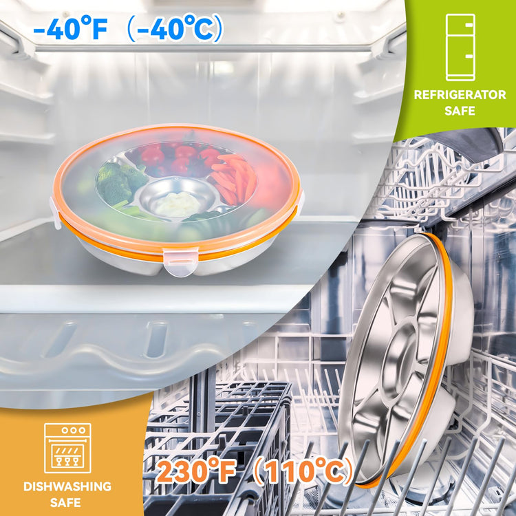 6 Compartment Stainless Steel Serving Tray with Lid