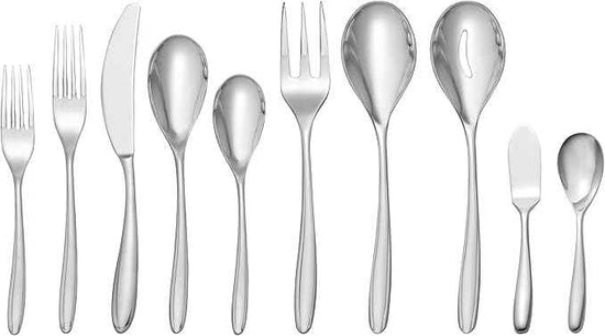nambe Bend 45 Piece Flatware Set, 18/10 Mirror Stainless Steel Silverware Cutlery Set, Designed for Home Kitchens, Hotel, or Restaurants, Service for 5 and a 3pc Serving Utensil Set, Dishwasher Safe