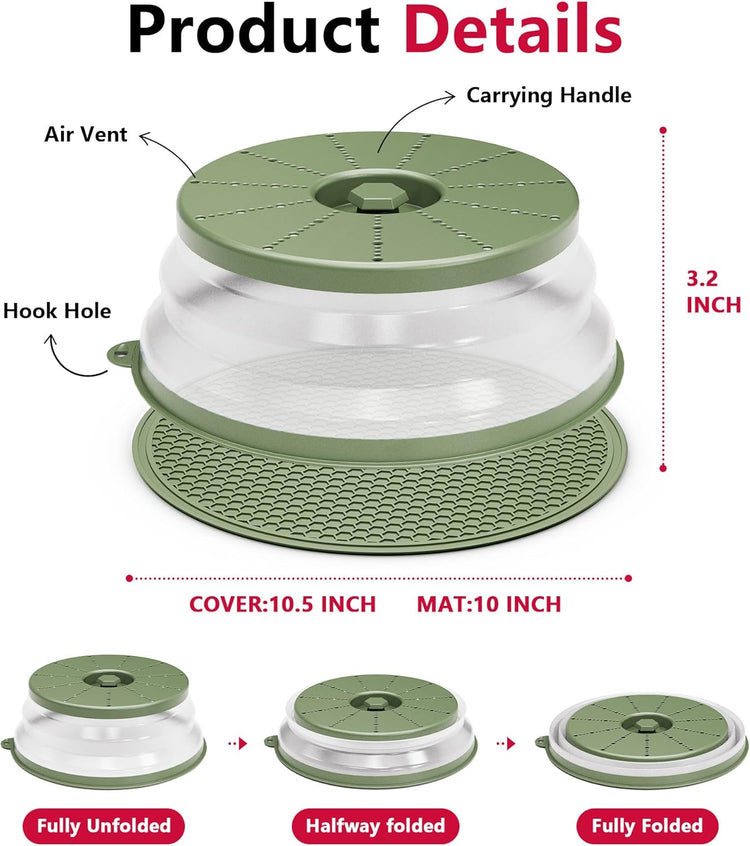 WVM Microwave Splatter Cover & Mat, Vented Collapsible Splatter Guard dish Plate lid & Silicone Round Kitchen Mat for Food, Meal Prep, Green