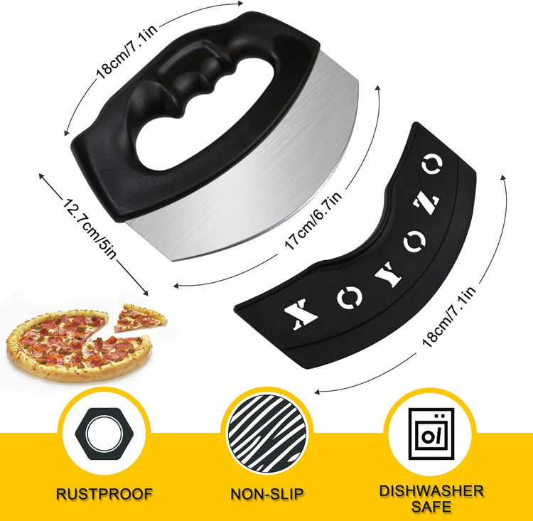XoYoZo Pizza Cutter Salad Chopper Large Stainless Steel Blade with Cover, Dough Rocker Mezzaluna Knife for Kitchen Gadgets