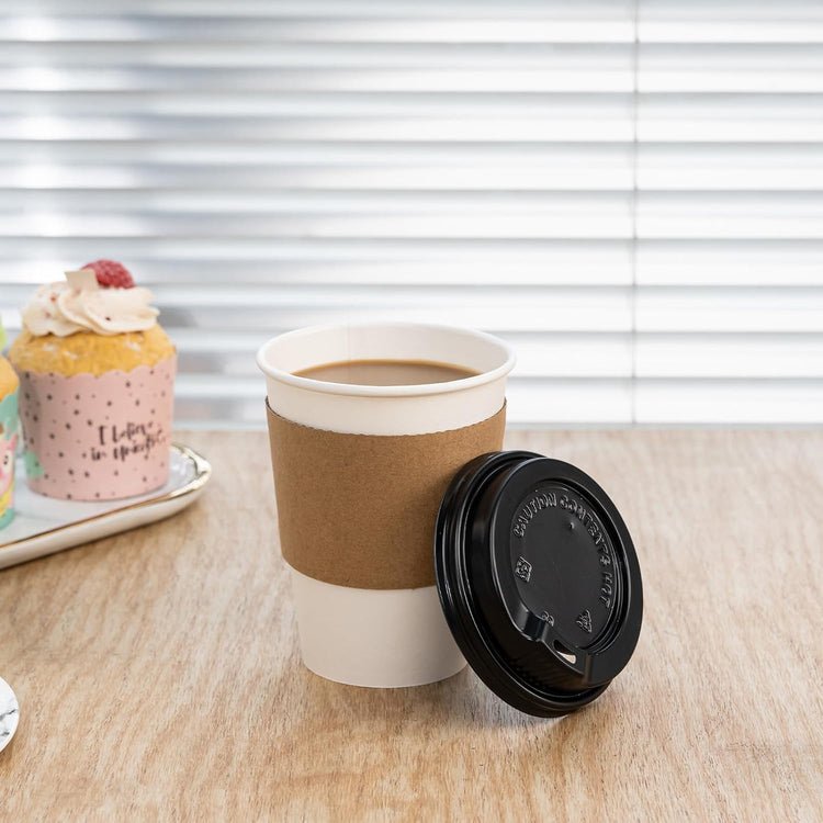 YEEHAW 12 oz 100 Pack Disposable Paper Coffee Cups with Lids & Sleeves, To Go Hot Cups for Coffee, Hot Liquid, Chocolate, Juice, Hot Beverage Drinking Cup, Ideal for Cafes, Bistros