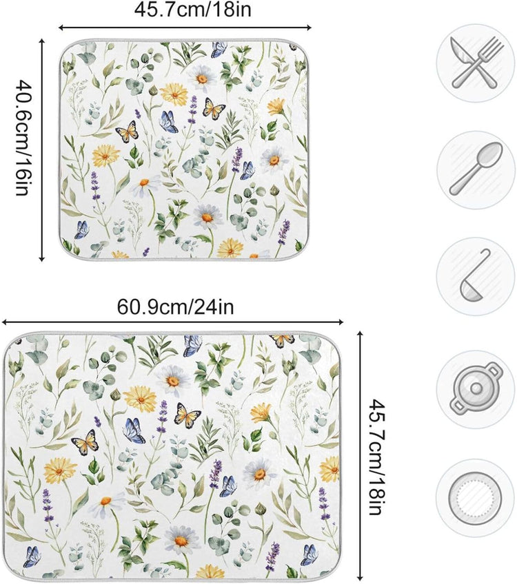 Wildflowers Butterflies Botanical Leaves Dish Drying Mat for Kitchen Counter Absorbent Microfiber Drying Pad, Large 18x24 in, Reversible Drainer Mats