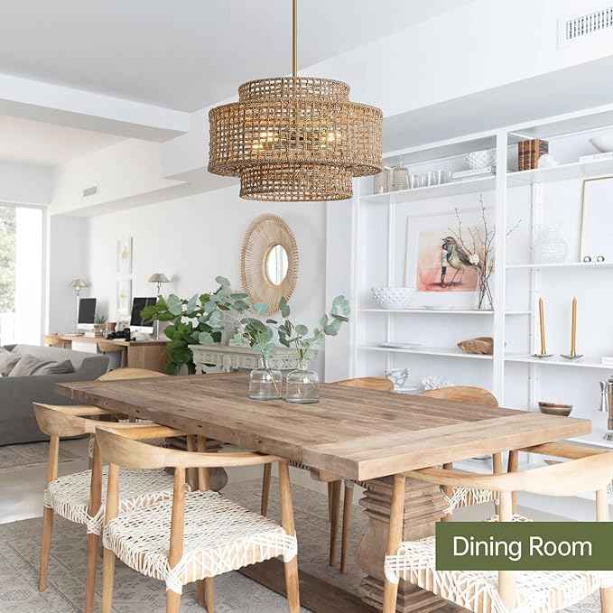 17.7” Boho Rattan Chandelier Light Fixture 4-Light Hand Woven Rustic Chandeliers with Wicker Shade, Farmhouse Chandelier Hanging Light for Dining Room Kitchen Island, Living Room, Foyer