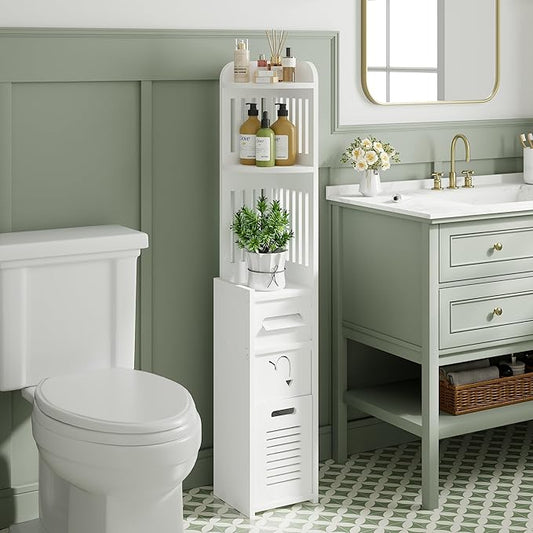 VECELO Bathroom Cabinet Corner Shelf, with Cabinet for Bathroom Narrow Space,Small Storage Organizer with Toilet Paper Roll in Restroom Waterproof Lightweight,White