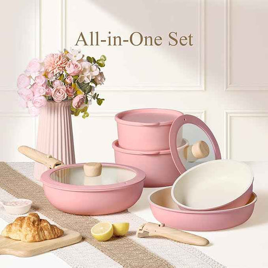 CAROTE Pots and Pans Set, Nonstick Cookware Set Detachable Handle, 19pcs Induction Kitchen Cookware Sets Non Stick with Removable Handle, RV Cookware Set, Oven Safe, Pink