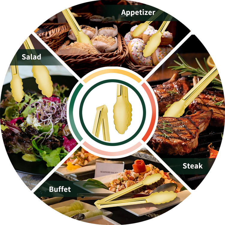 4 Pack 9 Inch Gold Tongs for Serving Food
