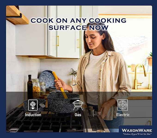Waxonware 7pc Nonstick Cookware Set, Granite Pots and Pans Set Nonstick - Dishwasher Safe and 100% PFOA & PTFE Free - Kitchen Pot and pan set - Stonetec Series