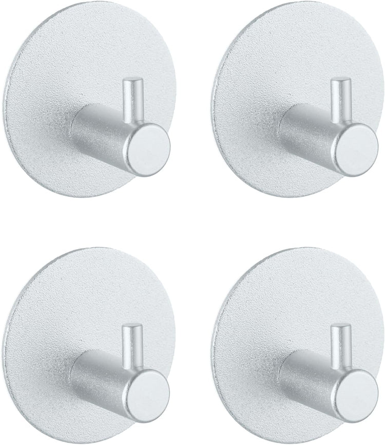 Aluminum Wall Hooks, No Drill Damage-Free Adhesive Hook, Product for Hanging Heavy Duty for Bathroom Kitchen Home (Single Round Sliver Hook, 4)