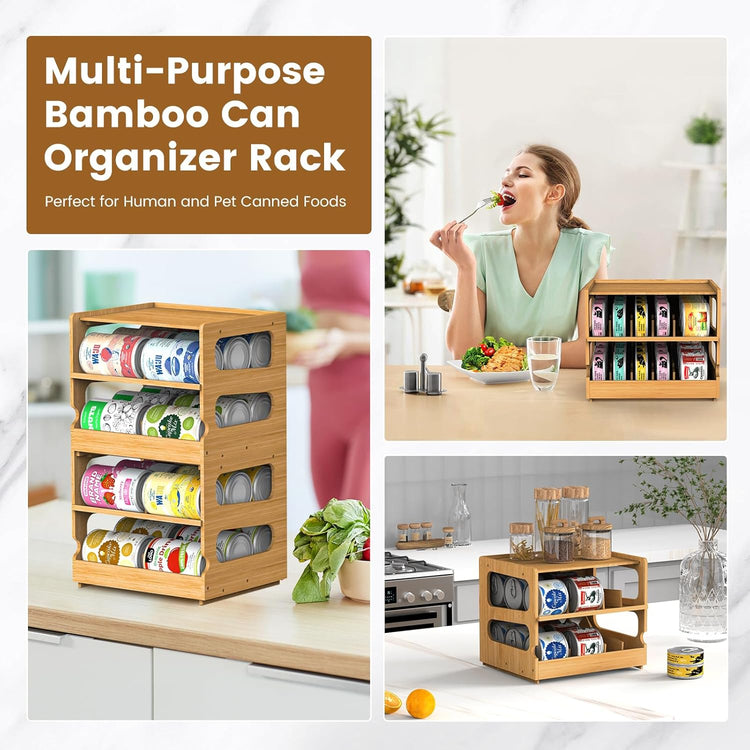 Teamkio Can Organizer for Pantry, Bamboo Pantry Organizer, 2 Tier Stackable Can Storage Rack Ideal for 36 Human and Pet Food Cans(FIFO)
