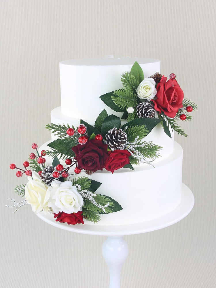 Rinlong 3Pcs Pre-made Cake Topper Cake Decorating Flowers for Christmas Cake Decor Burgundy Xmas Cake Decorations for Wedding Baptism