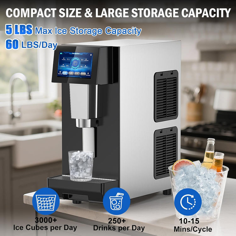 Nugget Ice Maker Countertop, 60 LBS/Day with 5LBS Storage Bin, Water Dispenser Countertop Ice Maker Machine Stainless Steel, Soft Chewable Pellet Ice Machine for Home Bar Kitchen Office, Self-Cleaning