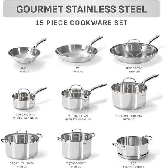 T-fal Gourmet 15-Piece Stainless Steel Cookware Set, Pots and Pans Cooking Set, Dishwasher Safe, Oven Safe to 500°F, Induction Compatible, Stock Pot, Sauce, Saute, Frying Pans, Silver