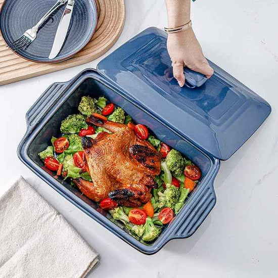 HVH Ceramic Casserole Dish with Lid Oven Safe, 3.5 Quart Large Casserole Dish, Covered Rectangular Casserole Dish Set, 9x13 Casserole Dish, Baking Dishes for Casseroles, Farmhouse Style (Blue)