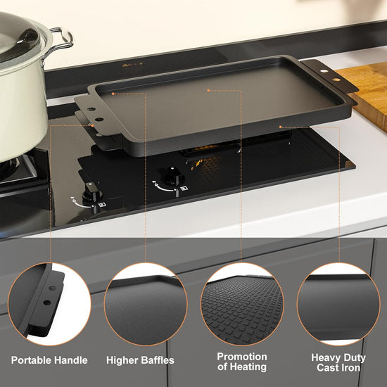 Grill Flat TopGriddle Universal, Cast Iron Griddle for Gas Grill, 17" x 10" Stovetop Griddle, GriddlePan for Stove Top, GrillGriddle for Charcoal/Electric/Gas Grills, Stove, Tailgating, Camping - Nestoria