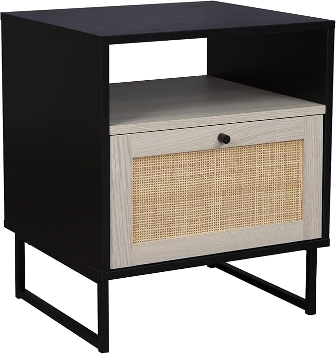 Nathan James Mina Rattan Wood End Side Accent Table Nightstand with Storage for Living Room or Bedroom, 1, Black Oak/Black