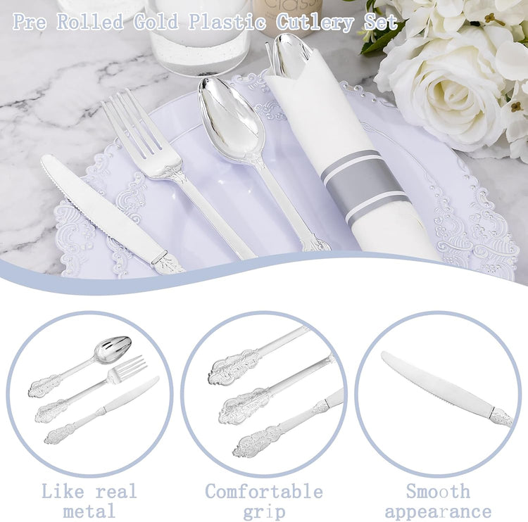 400PCS Pre Rolled Silver Plastic Silverware Sets - Heavy Duty Fancy Silver Cutlery - Include 100 Pack Wrapped Disposable Utensils with Napkins for Parties, Dinners & Weddings