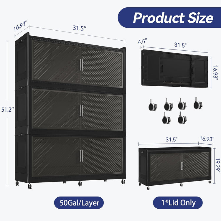 150GAL Extra Large Storage Bins with Lid, 600QT Plastic Stackable Storage Bins with 6x Wheels, Collapsible Closet Organizer and Storage Drawer Cabinet for Living Room Office Dorm, 3Pack Black