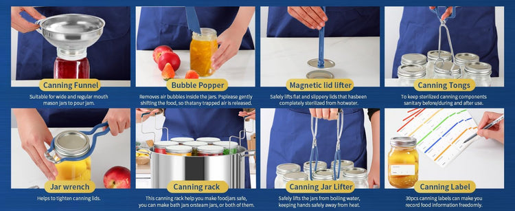 Canning Supplies Starter Kit,Canning Kit for Beginners of 12 with Rack，Silicone Oven Gloves，Jar Lifter，Funnel,Wrench,Tongs,Lid Lifter,Bubble Popper,Labels,ladle,Measuring spoon-G12-Blue