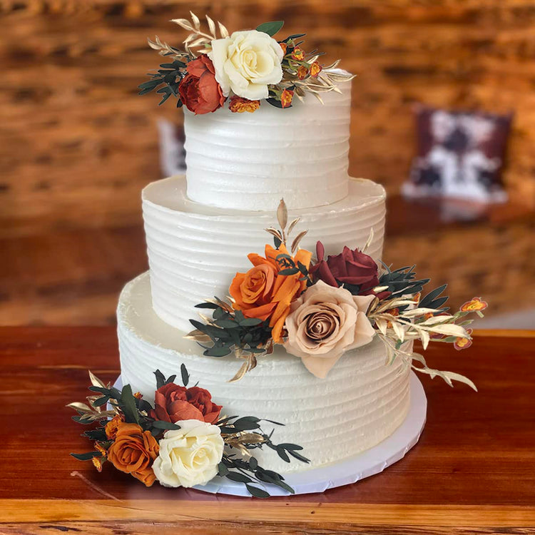 3Pcs Pre made Cake Topper Cake Decorating Flowers for Cake Decor Boho Burnt Orange Fall Cake Flowers for Wedding Baptism Birthday Party Bridal Baby Shower (3 Count)