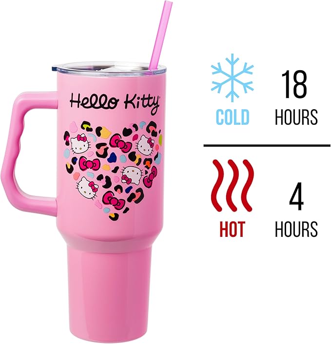Silver Buffalo Sanrio Hello Kitty Leopard Jungle Cat Print and Bows Heart Double Walled Stainless Steel Tumbler with Handle and Straw, Fits in Standard Cup Holder, 40 Ounces