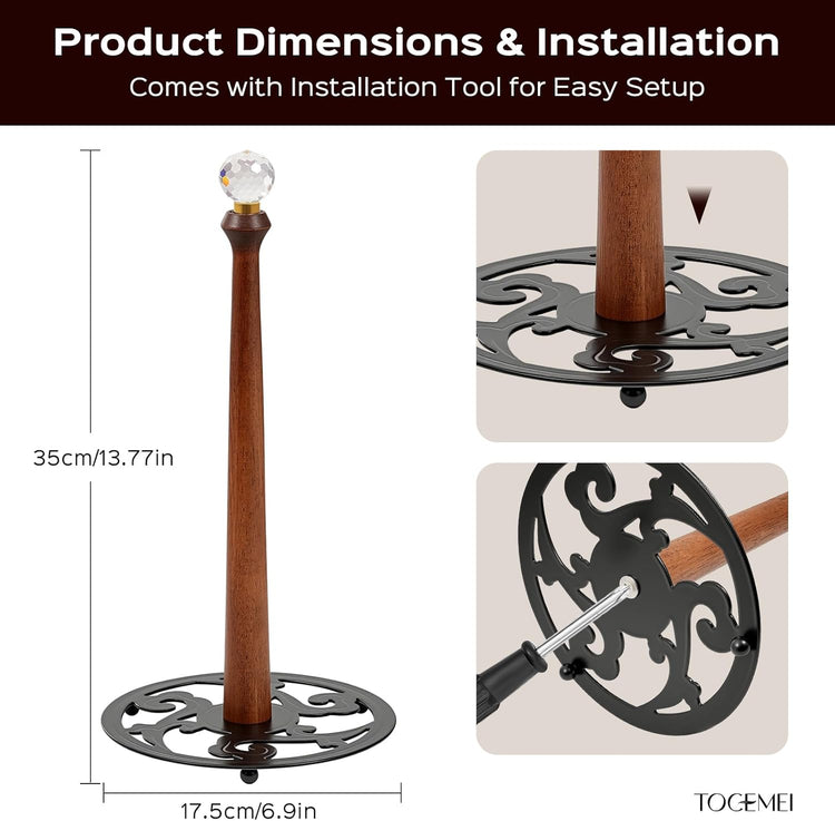 Wooden Countertop Paper Towel Holder,Iron Base with Die-Cast Pattern, Solid Wood Rod & Crystal Finial Top,Slow Reveal Artistry, Stable&Durable, Easy Install - Elevates Kitchen Décor(Black)