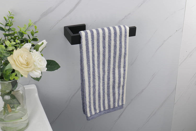 TocTen Hand Towel Holder/Towel Ring - Thicken SUS304 Stainless Steel Bathroom Hand Towel Hanger, 9 Inch Heavy Duty Wall Mounted Towel Rack, Square Hand Towel Bar for Bathroom Hardware (Black, 9 in)