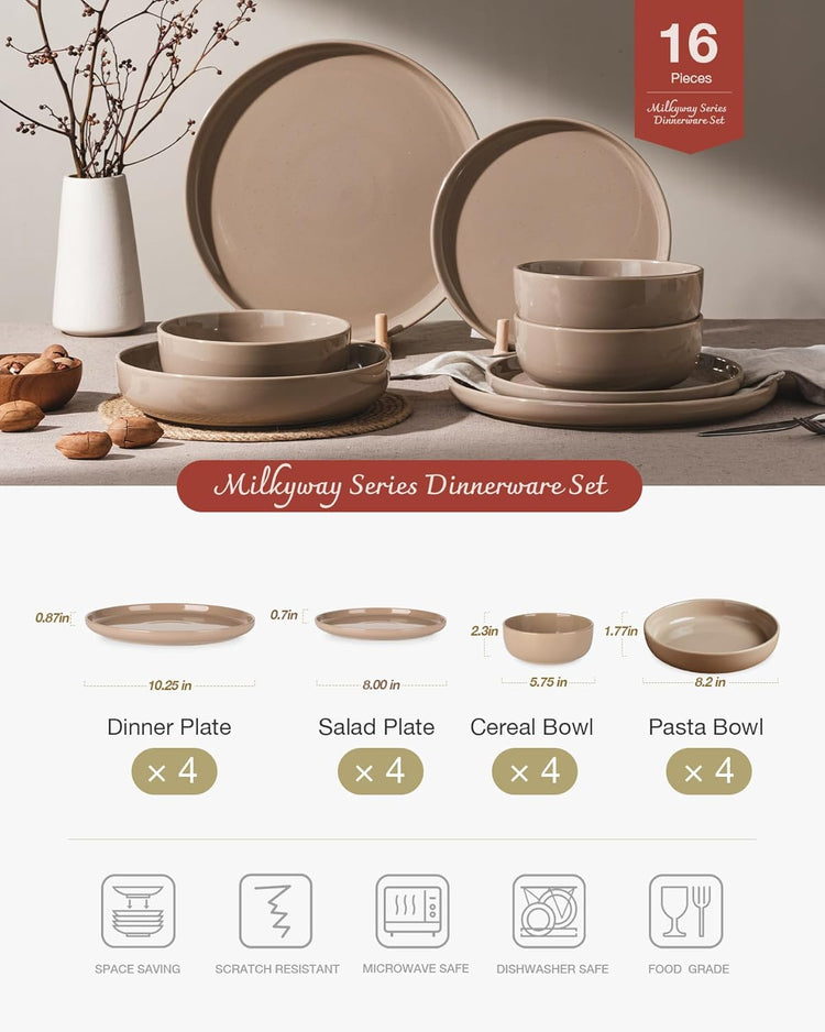 Famiware Milkyway Stoneware Dinnerware Sets with Pasta Bowls, Service for 4 (16 Pieces), Plates and Bowls Sets -Scratch Resistant, Microwave and Dishwasher Safe Dishes Set, Cinnamon Brown