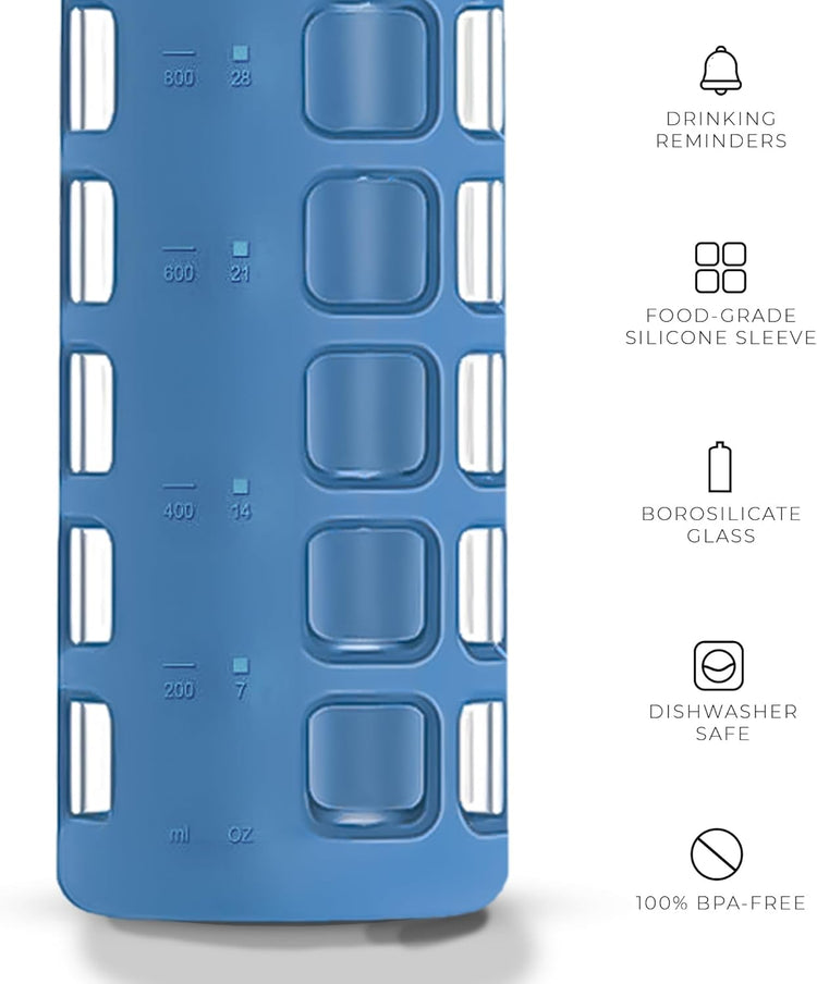 purifyou 40oz / 32oz / 22oz / 12oz Borosilicate Glass Water Bottle with Time & Volume Markers, Silicone Sleeve, Stainless Steel Lid – Reusable Glass Bottle for Water & Juice (40oz Chinese Porcelain)
