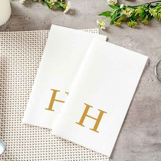 Luxenap 15.8 X 7.9 Inch Linen-Feel Guest Towels, 2000 Lettered Hand Towels - Gold Letter 'H', Sans Serif Font, White Paper Dinner Napkins, airlaid, For Restrooms And Tables - Restaurantware