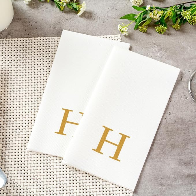 Luxenap 15.8 X 7.9 Inch Linen-Feel Guest Towels, 50 Lettered Hand Towels - Gold Letter 'H', Sans Serif Font, White Paper Dinner Napkins, airlaid, For Restrooms And Tables - Restaurantware