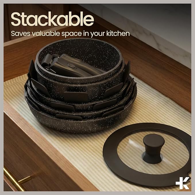 Pots & Pans Set Non Stick Ceramic-Granite – 15-Piece Cookware with Detachable Handles, Stackable Space-Saving, Dishwasher Safe, Oven & All-Stove Safe, Tempered Glass Lids, Black Granite