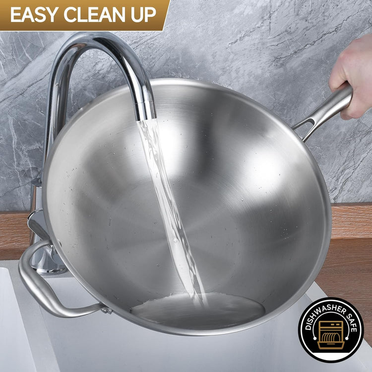 LOLYKITCH 14.5 Inch Tri-Ply Stainless Steel Wok Pan, Stir-Fry Pan,Induction Chef's Cooking Pan,Dishwasher and Oven Safe,Heavy Duty and Detachable Handle