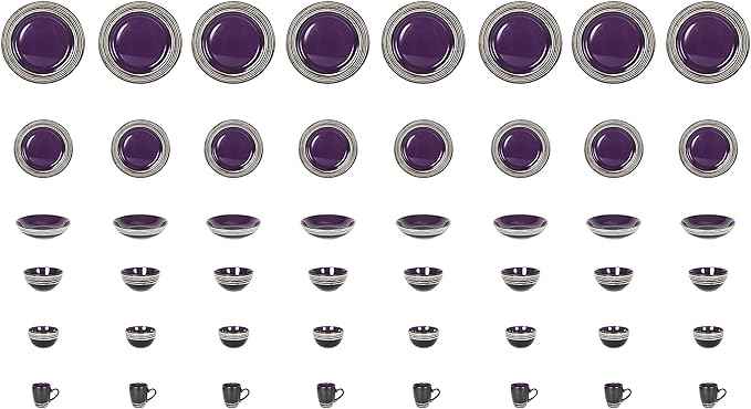 48 Piece Dinnerware Set, Ceramic Plates and Bowls Sets for 8, Microwave and Dishwasher Safe, Handcrafted Tree Bark Series Dish Set, Lavender/Purple