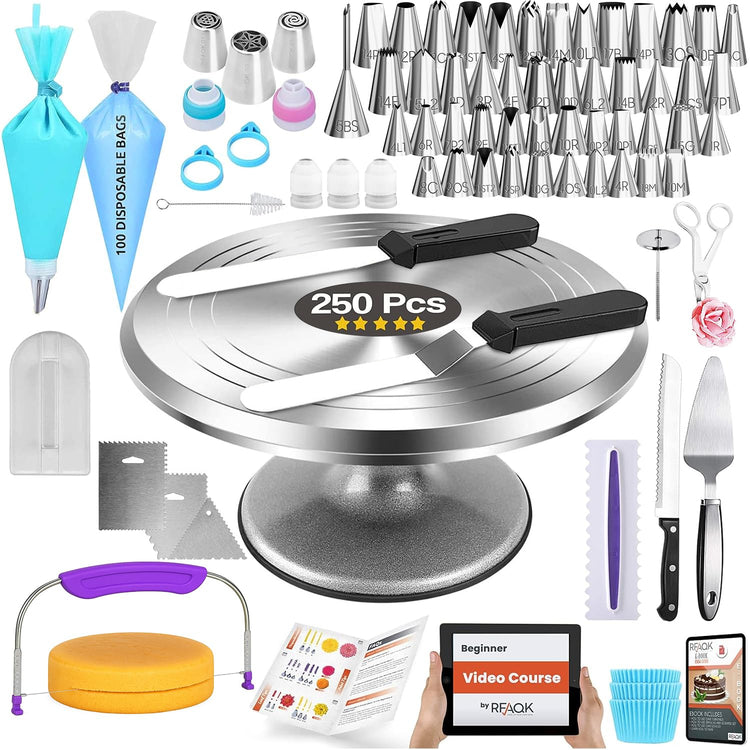 250 PCs Aluminum Cake Decorating Tools Kit with 12" Metal Turntable & Knife set