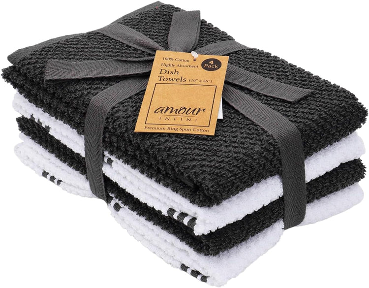 AMOUR INFINI Kitchen Towels Pack of 4 Absorbent, Quick Drying Premium Terry Cotton Dish Towel with Hanging Loop 16x28 Inch Hand & Tea Towels (Black) - Nestoria