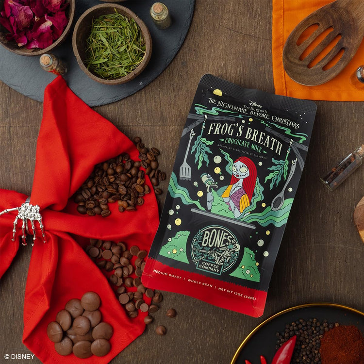 Bones Coffee Company The Nightmare Before Christmas Frog's Breath Flavored Coffee Beans, Medium Roast Ground Coffee Low Acid, Chocolate Mole Flavor (12 oz)