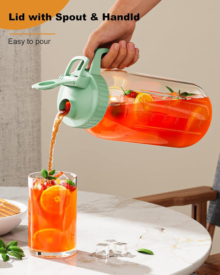 | 2 Pack | 64oz Glass Pitcher with Lid and Spout, 2 Quart (1.9 Liter) Mason Jar Pitcher Wide Mouth, Airtight Water Jug for Juice, Sun Tea, Iced Coffee, Milk Storage, Pink & Green