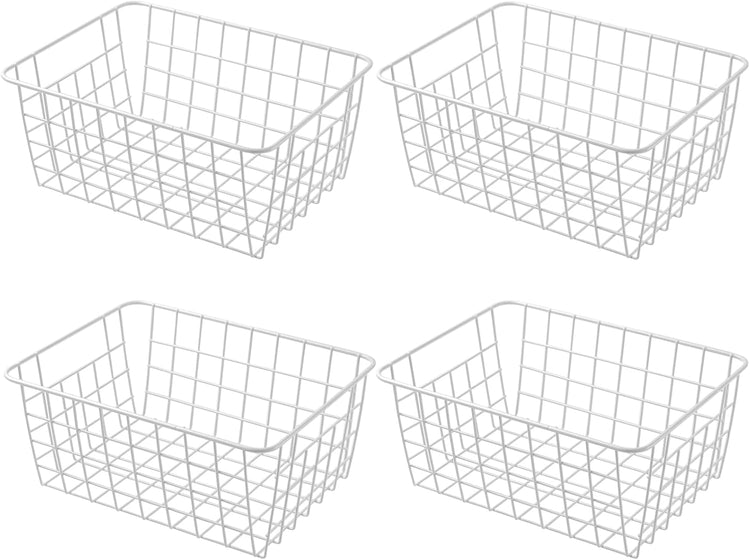 11" Upright Freezer Storage Baskets, White Wire Storage Bins Small Bakset for Freezer, Pantry, Bathroom Organizing, Set of 4