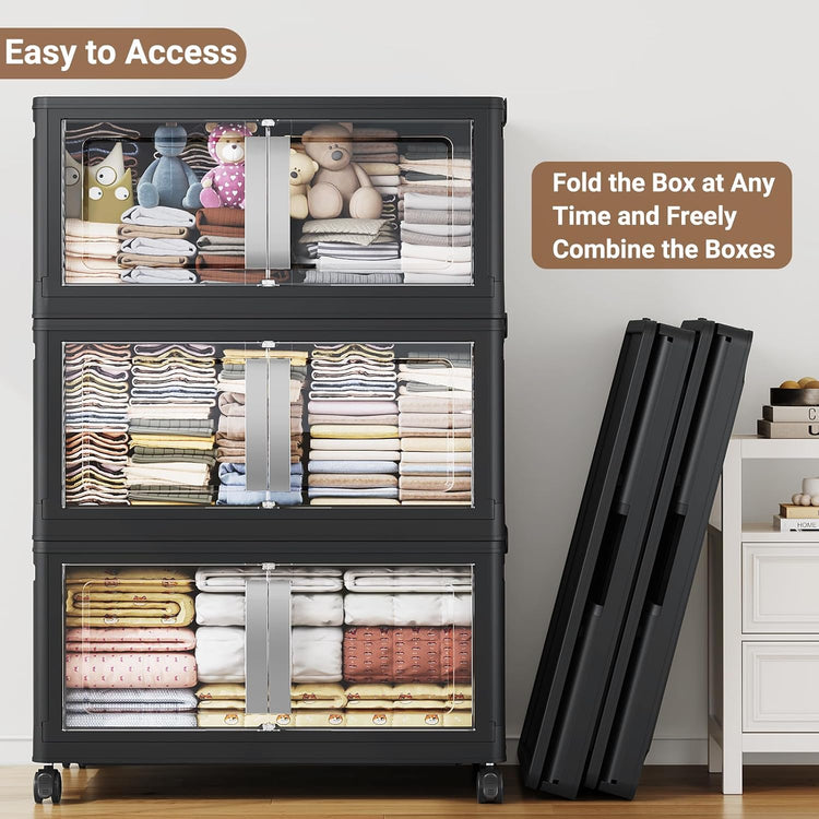 480QT Stackable Storage Bins with Lids, 120Gal Extra Large Collapsible Storage Box with Wheel, Plastic Storages with Clear Door Open Front for Home Bedroom Garage, Black-3pack(3 lids)